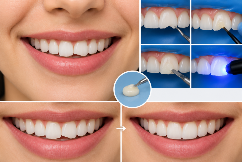 Cosmetic Dentistry Guide: Veneers, Teeth Whitening, Bonding, and Smile Makeovers 3 Dental bonding for chipped or uneven teeth, showing the repair process and improved smile.
