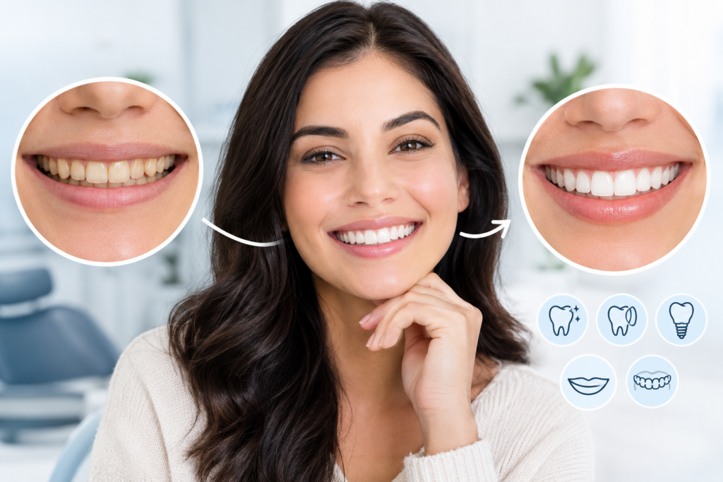 Cosmetic Dentistry Guide: Veneers, Teeth Whitening, Bonding, and Smile Makeovers 4 Smile makeover showing before and after teeth transformation with cosmetic dentistry treatments.
