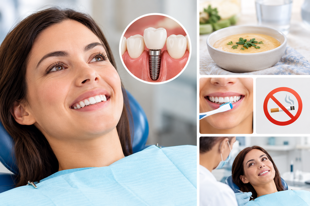 Can You Get Dental Implants in One Day? Same-Day vs. Traditional Treatment 2 Same-day dental implants recovery with aftercare tips, including soft foods, oral hygiene, and follow-up dental visits.